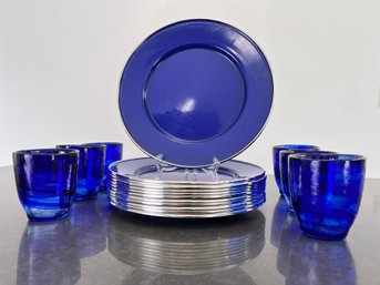 Set Of 12 Lapis Blue Metal Plates And Six Glass Cups