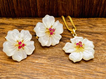 14k Matching Flower Shaped Earrings And Pendant With What Is Most Likely Opal And Ruby Gemstones With Chain