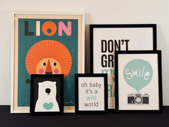 Set Of 5 Piece, 4 Black And 1 White Framed Prints For Kids Room