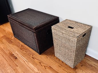 Brown Wicker Storage Trunk And Woven Rattan Hamper