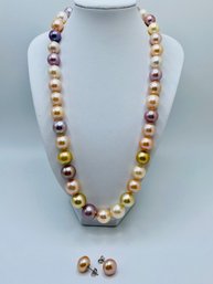 10-13mm Multi Color Cultured Kasumiga Pearl 14k White Gold  20' Necklace And Stud Earrings