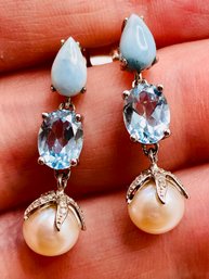 3 Gemstones Rhodium Over Silver Dangle Earrings - Larimar, Sky Blue Topaz And Pearl