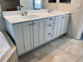 White Wood Double Sink Vanity With Quartz Top & Delta Faucets - Contractor Removal Required