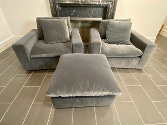 Pair Of Restoration Hardware Cloud Chairs With Ottoman - Dark Grey Velvet