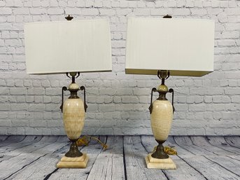 Pair Of Polished Alabaster Table Lamps With Brass Detail