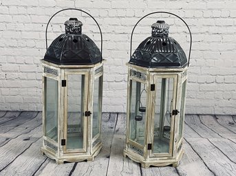 Pair Of Large Wood, Metal & Glass Lantern-style Candle Holders