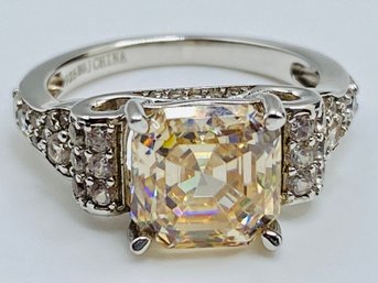 Asscher Cut Yellow CZ With White Zircon Rhodium Over Sterling Silver Ring - Size 5