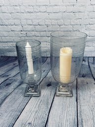 Pair Of Crystal Glass Hurricane Lamps With Greek Key Etched Pattern