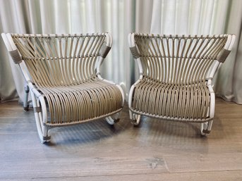 Pair Of Sika Design Fox Lounge Chairs By Viggo Boesen- White With Sand Rattan