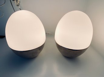 Pair Of Modern Egg Table Lamps - Chrome And White Glass