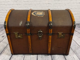 Antique Trunk With Brass Hardware & Wood Strapping & Leather Details