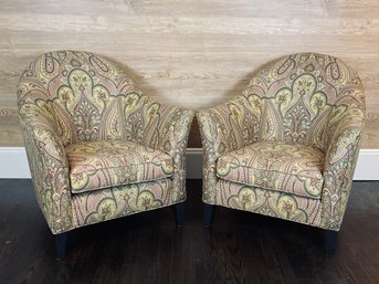 Pair Of Upholstered Club Chairs With Rounded Backs