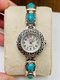 Southwest Style By JTV (TM) Turquoise Mother Of Pearl Dial Sterling Silver Watch - 5 1/4' *small*