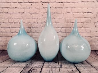 Collection Of Three Handblown Blue Gradient Glass Vases