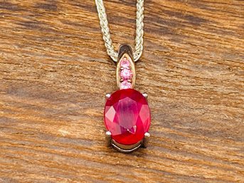 Single Oval 9x7mm Lab Created Ruby With 3 Round Pink CZs Rhodium Over Silver Pendant And 24' Silver Chain