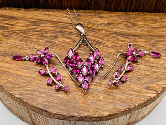 Red Lab Created Marquise Shaped Ruby Rhodium Over Silver Pendant With 18 Chain And Matching Earrings