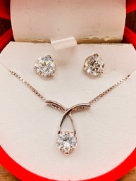 6mm Round CZ Stud Earrings And Pendant With 18 Inch Silver Box Chain