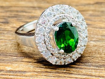 Oval Chrome Diopside With Round White Zircon Rhodium Over Sterling Silver Ring - Size 5