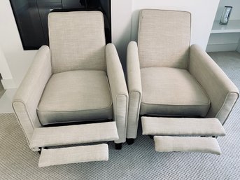 Pair Of Oatmeal Linen Recliners With Dark Wood Feet