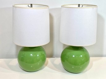 Pair Of Green Land Of Nod Ceramic Lamps With White Linen Shade