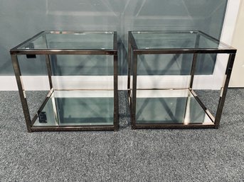 Pair Of Glass And Bronze Colored Metal Modern Side Tables