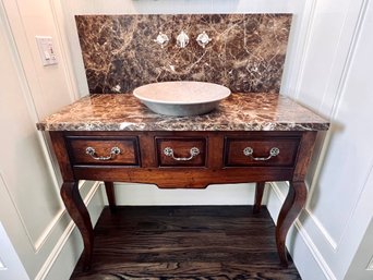 Stone Top Antique Wood Vanity With Backsplash, Bowl Sink, And Faucet