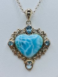 Blue Larimar Rhodium Over Silver Pendant With Blue Topaz On And A 18 Inch Silver Chain