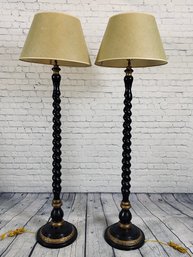 Pair Of Turned Wood Floor Lamps With Gilt Detail And Tan Shades