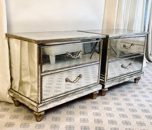 Pair Of Mirrored Front Wood Nightstands With Two Drawers