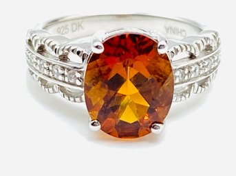 10x8mm Oval Orange Fire Opal With White CZ Rhodium Over Sterling Silver Ring - Size 5