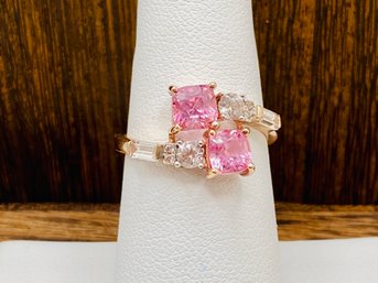 10k Rose Gold With Pink And White Cubic Zirconia Rhodium Over Sterling Silver Ring - Size 6