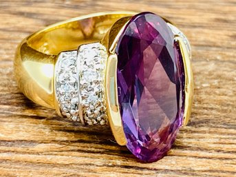 18x8mm Lab Created Color Change Lavender Sapphire And White CZ 18k Yellow Gold Over Sterling Silver Ring