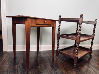 Antique Dark Wood Table & Rolling Cart