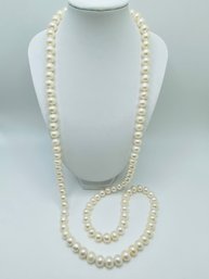 9.5-10mm White Cultured Japanese Akoya Pearl 14k Yellow Gold Clasp 36 Inch Stand Necklace