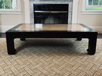 Large Solid Wood Coffee Table With Stone Inlay Top