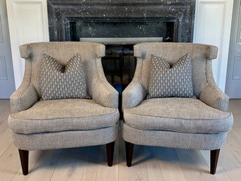 Pair Of George Smith Armchairs - Black And White Wool Fabric With Two Black And White Throw Pillows