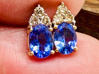 6x4 Oval Tanzanite With Round White Zircon On 14k Yellow Gold Earrings