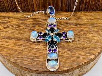 Silver Cross With 5 Types Of Gemstones - Varying Sizes And Shapes