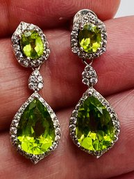 Pear And Oval Peridot And White Zircon Dangle Earrings