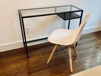 Glass And Metal (with Faux) Wood Slim Desk With Modern White Molded Plastic Chair With Wood Legs