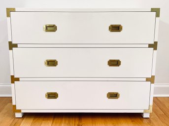 Pottery Barn Kids White Lacquer 3 Drawer Campaign Chest With Brass Detail