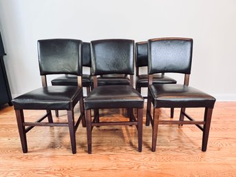 Set Of 6 Pier One Chocolate Leather Side Dining Chairs With Cream Whipstitching Dark Wood Frames