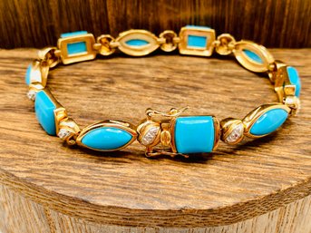 8mm Square And 12x5mm Marquise Sleeping Beauty Turquoise Gold Plated Silver Bracelet - 7 1/2 Inch