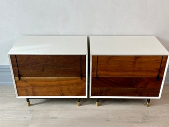 Pair Of BDDW Lake Side Tables White With Walnut And Black Metal  - Pair Purchased For $19,000