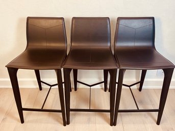 Set Of Three Frag Italian Leather Bar Stools - Chocolate