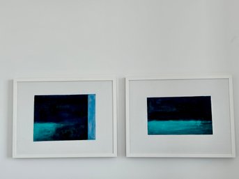 Pair Of Framed, Unsigned Oil On Canvas - Blue, Aquamarine & Black