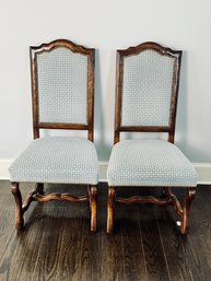 Pair Of Dark Wood Side Chairs With Needlepoint Seats And Backs - Blue And Cream