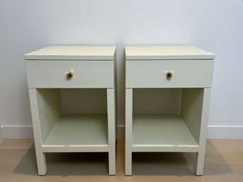 Pair Of Made Goods White Woven Shagreen Nightstands With One Drawer Each