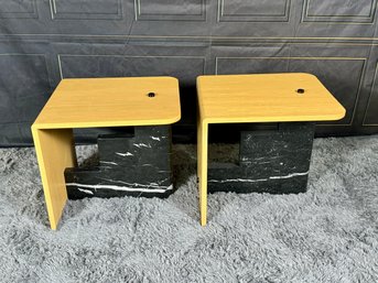 Pair Of Modern Blonde Wood And Black Marble Side Tables