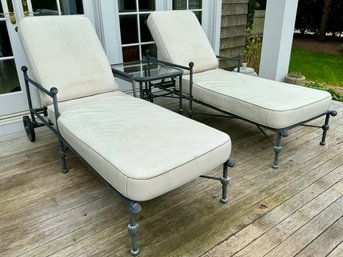 Pair Of White Woodard Landgrave Cast Aluminum Outdoor Lounge Chairs With Metal And Glass Table - Signs Of Use